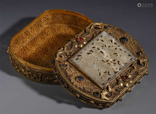 A CHINESE GILT BRONZE INLAID JADE AND GEM STONE OPENWORK BOX