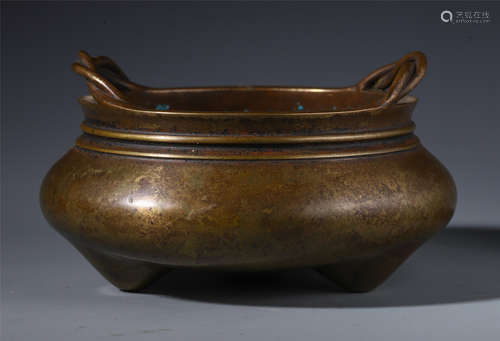 A CHINESE TRIPLE FEET DOUBLE HANDLE BRONZE CENSER