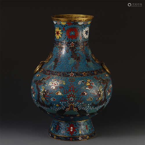 A CHINESE DOUBLE RING HANDLE DRAGON IMAGE CLOISONNE VASE