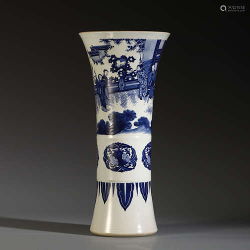 A CHINESE PORCELAIN BLUE AND WHITE FIGURE AND STORY FLOWER GU VASE