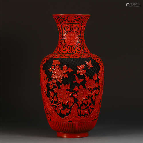 A CHINESE CINNABAR FLOWER BUTTERFLY VASE