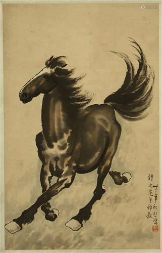 CHINESE PAINTED SCROLLL OF HORSE SIGNED BY XU BEIHONG