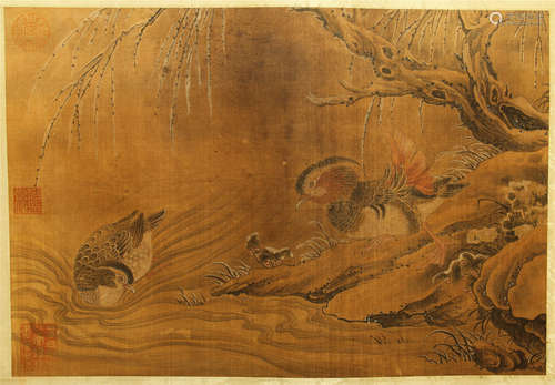 CHINESE PAINTED SCROLLL OF DOUBLE BIRD IN RIVE BY YI MING