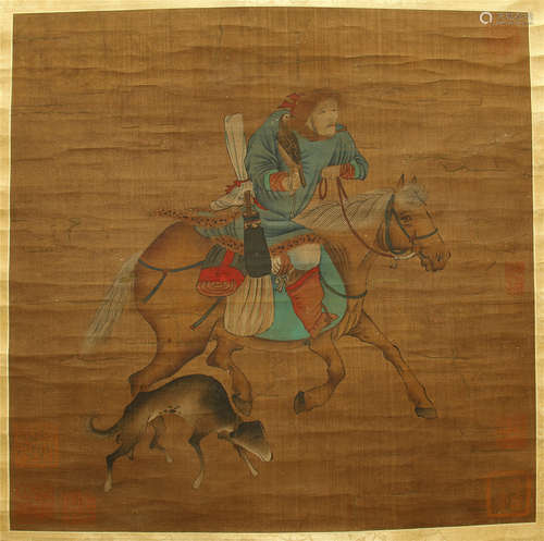 CHINESE PAINTED SCROLLL OF WARRIORS ON HORSE BY YI MING