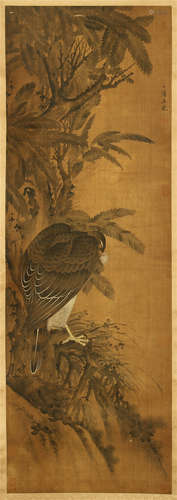 CHINESE PAINTED SCROLLL OF EAGLE ON THE TREE SIGNED BY WANG QIAN