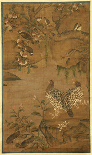 CHINESE PAINTED SCROLLL OF MANY BIRD BY LIN CHUN