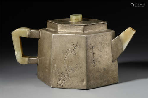 A CHINESE CARVED FLOWER AND POEMS INLAID JADE SLIVER KETTLE