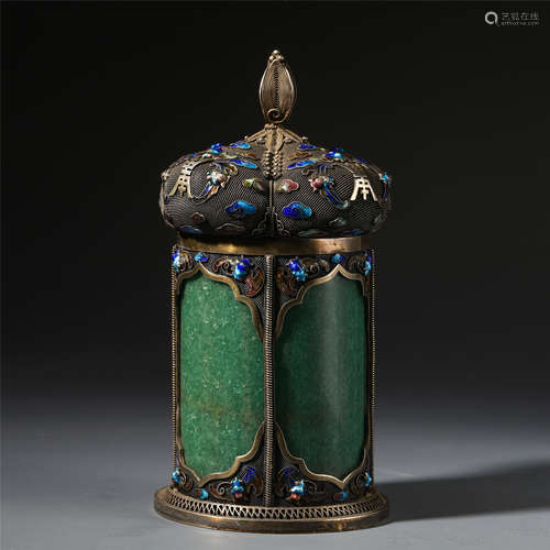 A CHINESE INLAID SILVER ENAMEL LIDDED JADE VASE