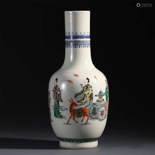 A CHINESE FAMILLE ROSE FIGURE AND STORY DEER PULLING CART VASE