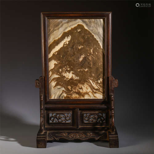 A CHINESE INLAID STONE ROSEWOOD TABLE SCREEN