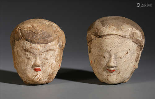 PAIR OF CHINESE HUMAN HEAD CLAY POTTERY