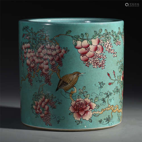 A CHINESE PORCELAIN FAMILLE ROSE FLOWER AND BIRD SCENE BRUSH POT