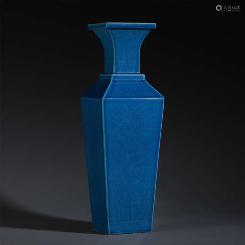 A CHINESE BLUE GLAZE DRAGON SQUARE VASE