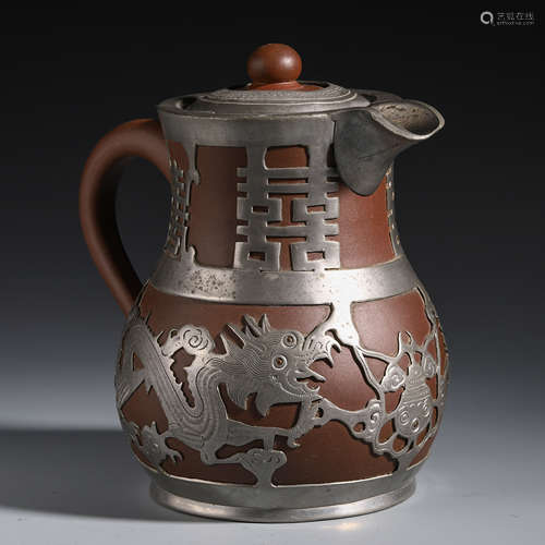 A CHINESE ZISHA INLAID SILVER DRAGON PATTERN TEA POT