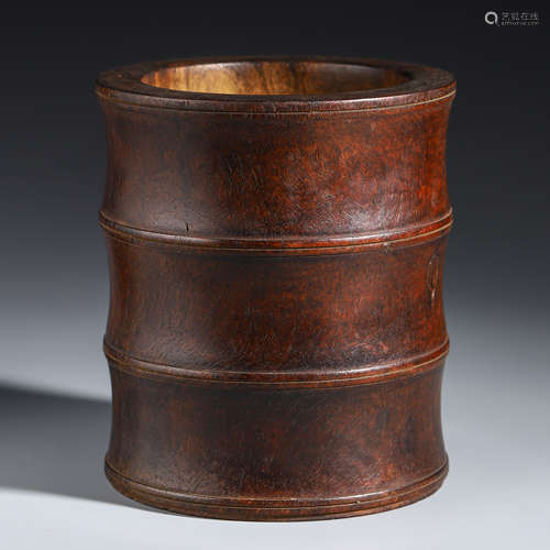 A CHINESE INLAID ROSEWOOD BRUSH POT