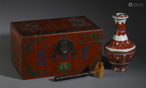 SET OF CHINESE RED UNDER GLAZE VASE AND JADE SEAL