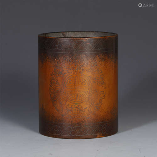 A CHINESE BRONZE CARVED AUSPICIOUS CLOUD PATTERN BRUSH POT