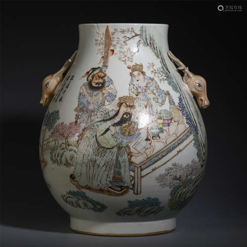 A CHINESE FAMILLE ROSE FIGURES AND POEMS DOUBLE BEAST HANDLE VASE