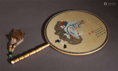 A CHINESE FIGURE AND POEMS CIRCULAR FAN