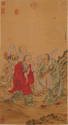 CHINESE PAINTED SCROLLL OF MANY LUOHAN BY JIN TINGBIAO