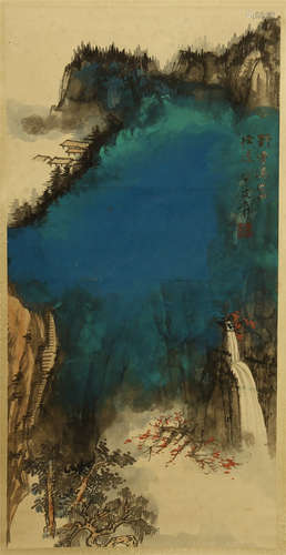 CHINESE PAINTED SCROLLL OF MOUNTAIN VIEWS BY ZHANG DAQIAN