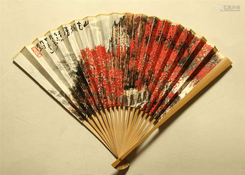 CHINESE PAINTED SCROLLL FAN OF MOUNTAIN VIEWS BY LI KERAN