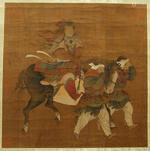 CHINESE PAINTED SCROLLL OF WARRIORS ON HORSE