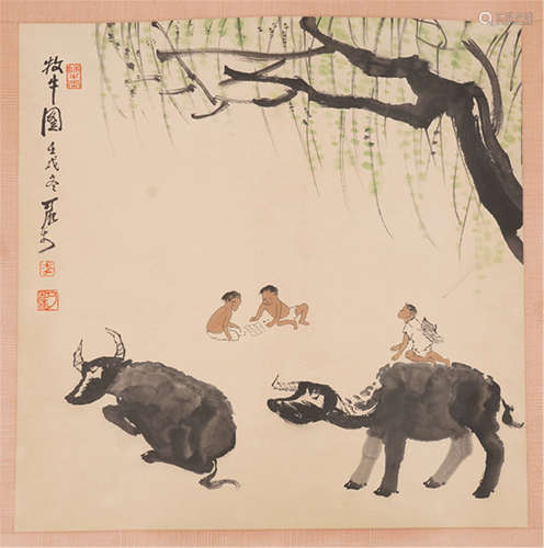 CHINESE SCROLL PAINTING OF BOYS AND OX UNDER THE WILLOWS BY LI KERAN