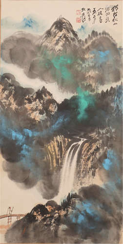 CHINESE PAINTED SCROLLL OF WITH CALLIGRAPHY BY MOUNTAIN VIEWS BY ZHANG DAQIAN