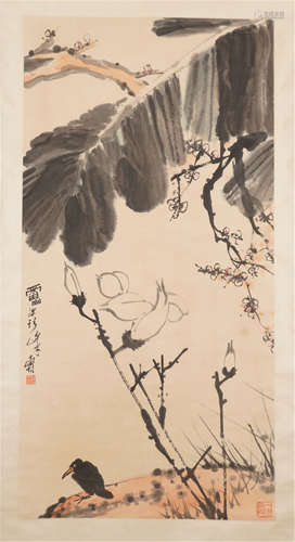 CHINESE PAINTED SCROLLL OF FLOWER AND BIRD BY PAN TIANSHOU