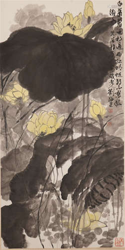 CHINESE PAINTED SCROLLL OF LOTUS IN RIVER WITH CALLIGRAPHY BY LIU HAISU