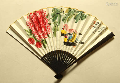 CHINESE PAINTED SCROLLL FAN OF DOUBLE BIRD IN RIVE BY QI BAISHI