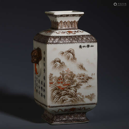 A CHINESE INK COLOR PAINTED POEMS BEAST HANDLE SQUARE ZUN VASE