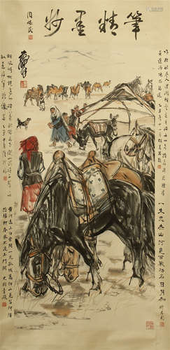 CHINESE PAINTED SCROLLL OF FIGURES WITH CALLIGRAPHY BY HUANG ZHOU