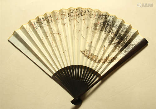 CHINESE PAINTED SCROLLL FAN OF BOATING BY FU BAOSHI