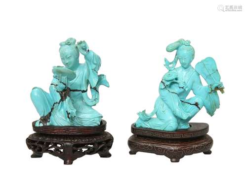 TWO CHINESE CARVED TURQUOISE FIGURES, 19TH/20TH CENTURY