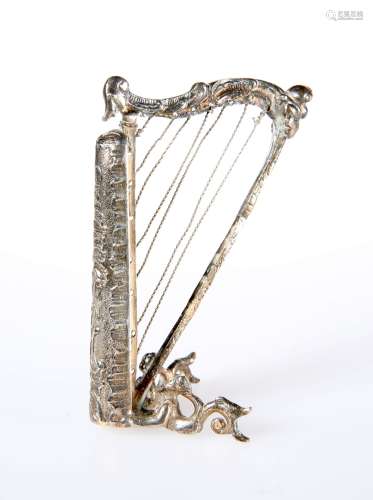 A CONTINENTAL SILVER MINIATURE MODEL OF A HARP