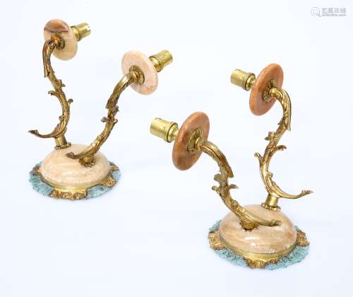 A PAIR OF ORMOLU AND ONYX WALL SCONCES, each with scroll-cast branches