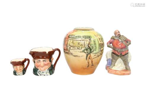 A SMALL GROUP OF ROYAL DOULTON, comprising a Dickens Ware vase