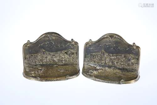 A PAIR OF VICTORIAN BRONZE BOOKENDS, each cast with a titled view of Windsor Castle