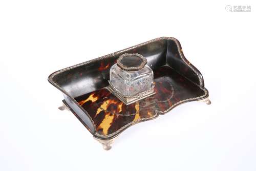 A GEORGE V SILVER AND TORTOISESHELL INKSTAND