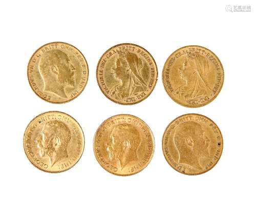 SIX GOLD HALF SOVEREIGNS, 1898, 1899, 1902, 1905, 1913 and 1914.