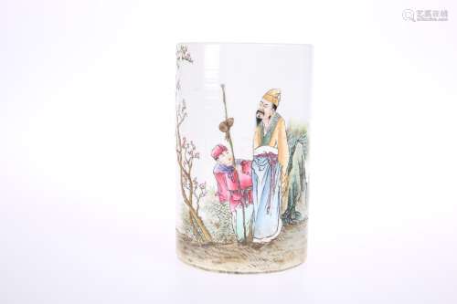 A CHINESE PORCELAIN BRUSH POT, cylindrical, painted with figures