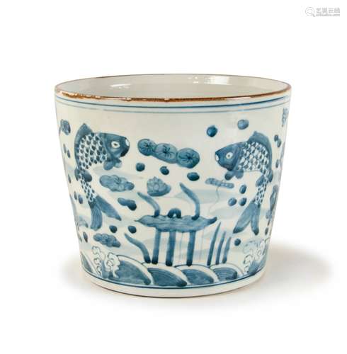 CHINESE BLUE AND WHITE FISH BRUSH POT