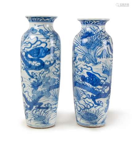 PAIR OF BLUE AND WHITE WATER DRAGON VASES