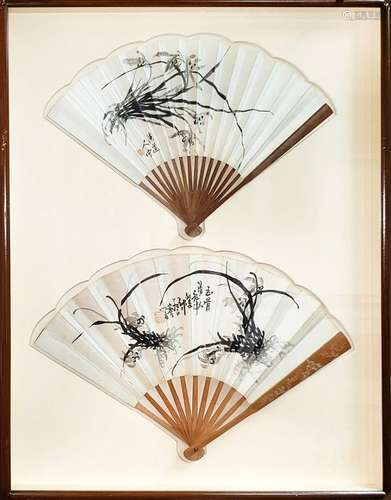 PAIR OF FRAMED PAINTED CHINESE  FANS