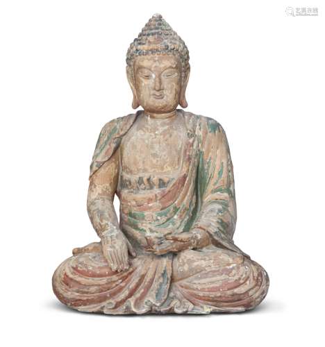 WOOD CARVED LACQURED SEATED BUDDHA