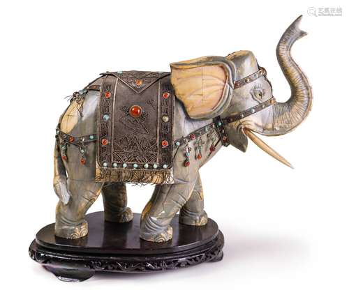 CARVED BONE PAINTED, JEWELED ELEPHANT