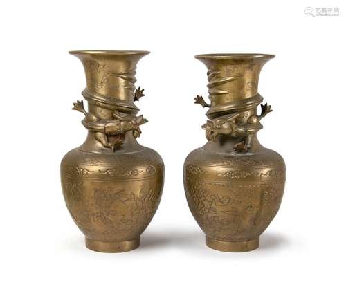 PAIR OF COPPER ALLOY JAPANESE DRAGON VASES