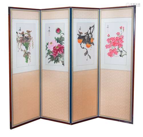 FOUR PANEL ROOM SCREEN FLOWERS OF SEASONS